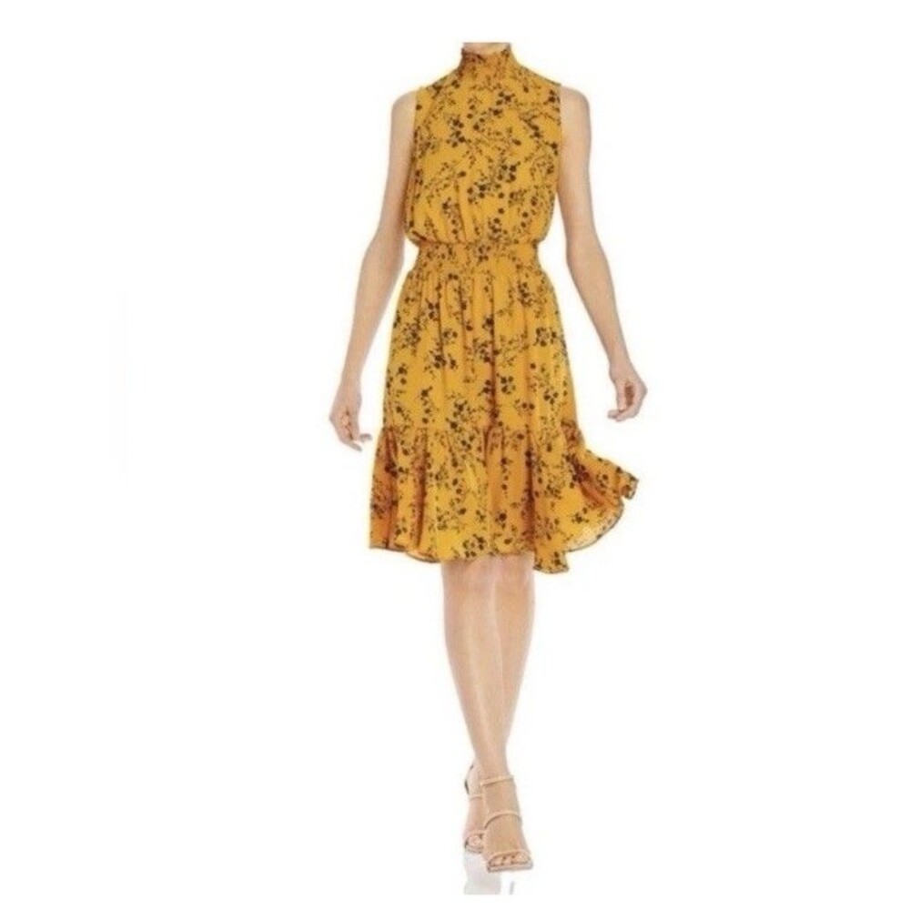 Nanette Lepore Colonel Mustard Floral Pleated High Neck Smocked MIDI Dress 6